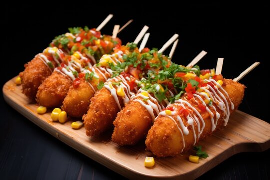 homemade corn dogs appetizer food snack on wooden board at house party