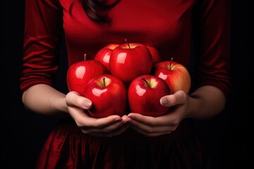 woman holding red apples in hands closeup