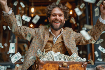 happy man and suitcase full of money at outdoor