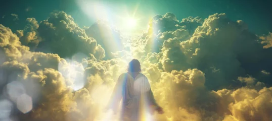 Fotobehang Heaven, christ and silhouette with background for religion, faith and spiritual god for sunshine, believe and sacrifice. Clouds, man and light flare for Catholic, Christianity and bible concept © BotStarter/Peopleimages - AI