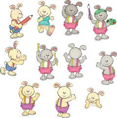 Rabbit characters holding different objects in their hands and from different angles.