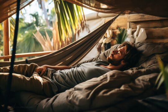 guy napping in hammock in glamping, hostel or coliving with palm trees on island resort. Digital nomad, solo traveler, tourist. 