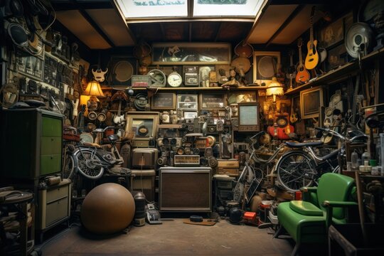hoarder's garage full of old vintage stuff. Hoarding disorder mental problem. Spring cleaning needed.  Clutter and disorganization.
