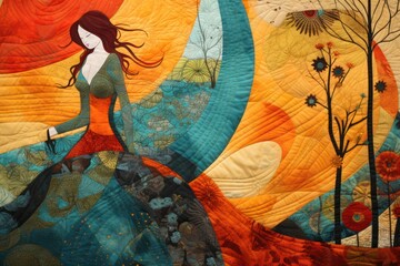 colorful background with woman figure in nature quilting texture illustration. Craft, textile art and diy hobby concept.