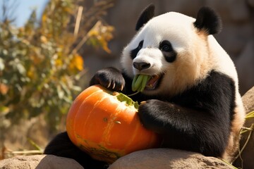 giant panda bear eating pumpkin smiling and looking happy. Funny meme photo. Halloween celebration.