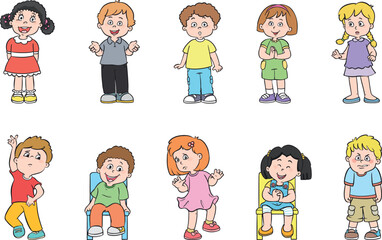 Set of ten drawings of little children doing different movements.