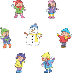 Cheerful children playing snowballs around the snowman.