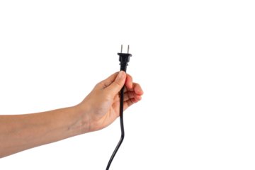 Electric plug on white background. Hand with plug isolated on transparent background.