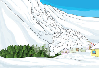 An avalanche destroying trees and houses.
