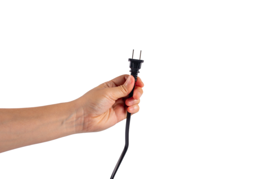 Electric plug on white background. Hand with plug isolated on transparent background.