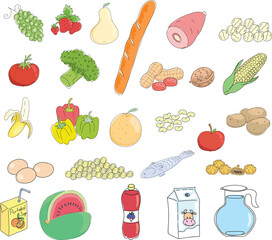 Fruits, vegetables, drinks drawn on white background.