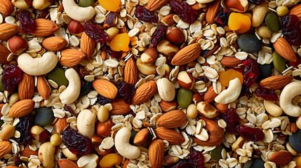 A mixture of nuts, muesli, nutritious food. Background with the texture of a mixture of nuts.