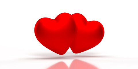 Two red hearts on a bright white background. Concept of love, passion and excitement, clipping path function. Beautiful 3D rendering design poster for Valentine's Day, Mother's Day.