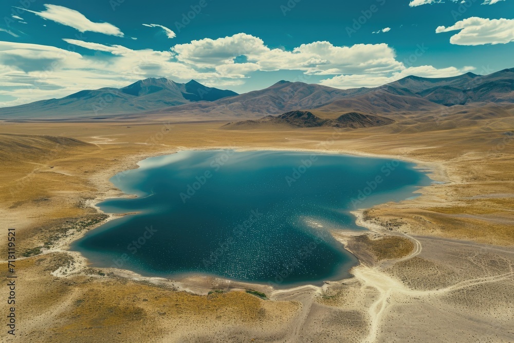 Poster a stunning image of a large body of water surrounded by a vast desert landscape. perfect for illustr