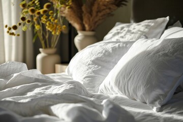A cozy bed with messy pillows and crumpled sheets in a white, modern bedroom interior.