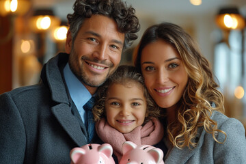 Father, mother and daughter with piggybank