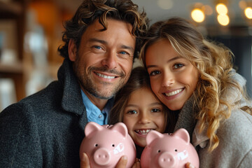 Father, mother and daughter with piggybank