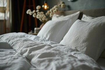 A clean and comfortable white bed with fluffy pillows, creating a serene and inviting atmosphere.