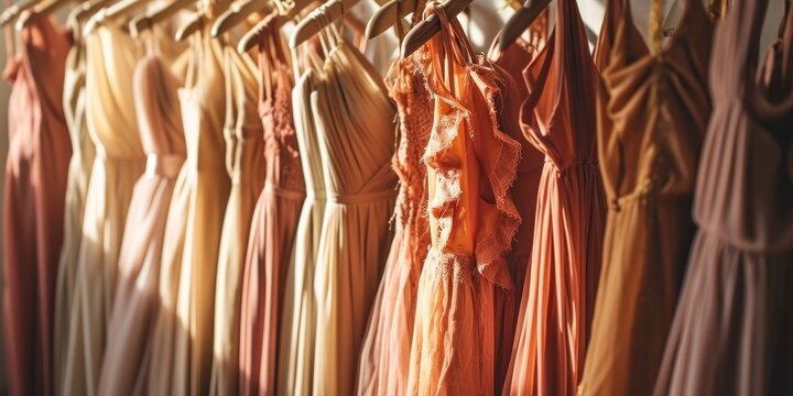 A fancy clothing store with a variety of tender pastel dresses on hangers, creating an elegant and stylish atmosphere.