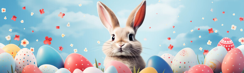 Funny bunny sitting on the blue background with colourful eggs around. Easter concept.