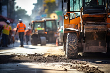 Workers and construction equipment repairing and paving asphalt on a city street.