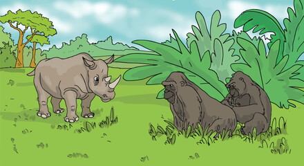 Drawing of a rhino and two gorillas in nature.