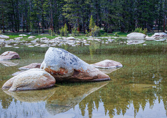 scenic view to merced river with stones in the middle at Yosemite valley