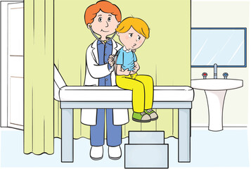 Illustration of doctor checking sick child.