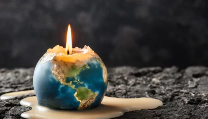 Foto auf Alu-Dibond Close-up of melting earth candle on black rock surface with copy space © Ester