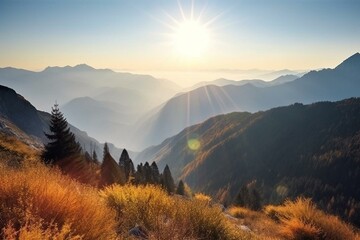 Beautiful early morning view over mountain peaks. Generative AI - obrazy, fototapety, plakaty