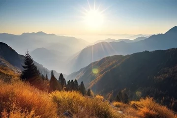 Fotobehang Beautiful early morning view over mountain peaks. Generative AI © Aiden