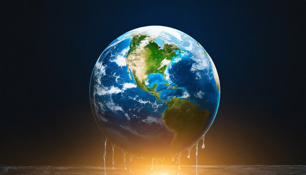 Close-up of melting planet Earth dripping water on dark background