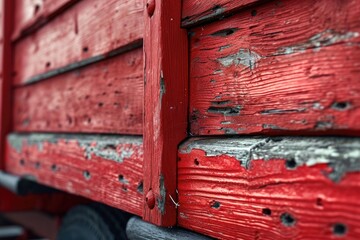 A close up of a red wooden truck. Perfect for transportation or vintage-themed designs