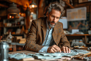 man is building a financial strategy with graphs and diagrams of her business for the next year