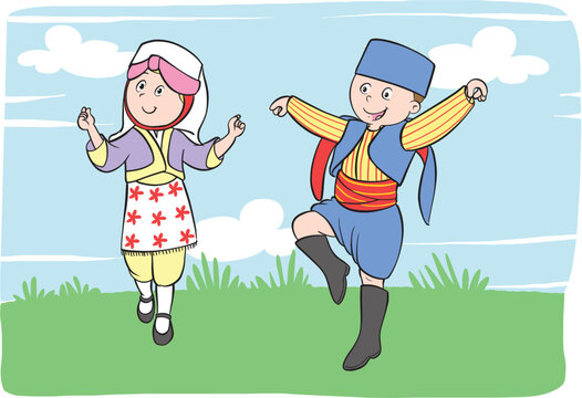 Little girl and boy dancing Zeybek.