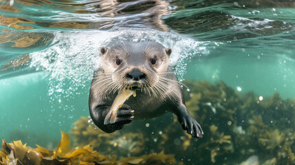 Eurasian otter eating trout fish
