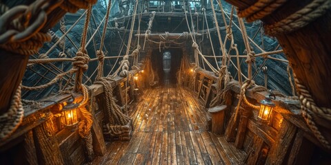 Inside the Pirate's Lair: Explore the intricate structure within a pirate ship, from the wooden...