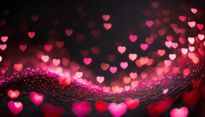 Wave of small red and pink hearts of light swirling around on dark blurry background