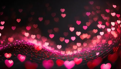 Tapeten Wave of small red and pink hearts of light swirling around on dark blurry background © Ester