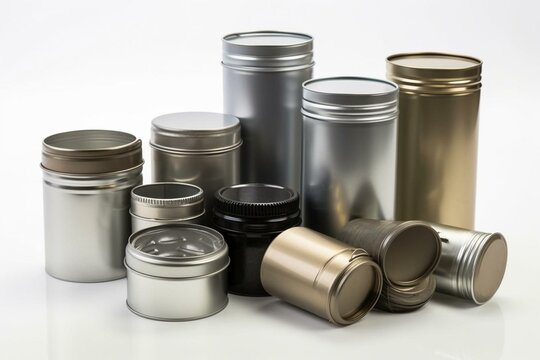 Several exposed metallic containers alone on a plain white backdrop. Generative AI
