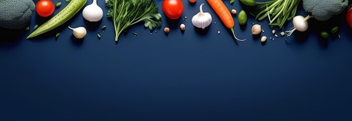 Food concept, flat lay with fresh fruits and vegetables on blue background - obrazy, fototapety, plakaty