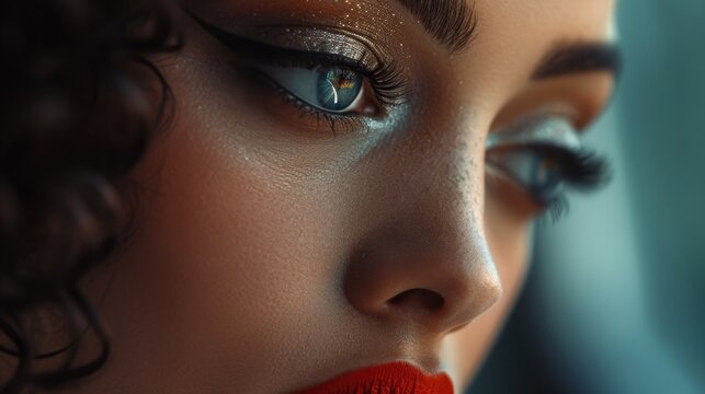 Woman's face with vibrant red lipstick, perfect for beauty and makeup concepts