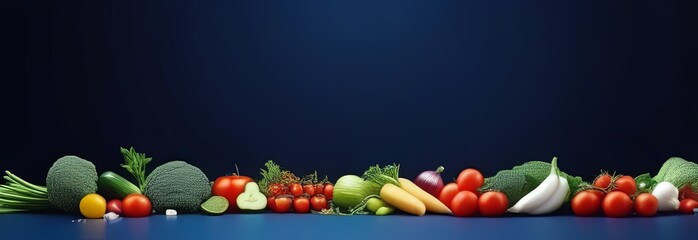 Food concept, flat lay with fresh fruits and vegetables on blue background