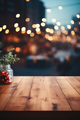 Fototapeta na wymiar Wooden table bokeh city view background, empty wood desk tabletop counter surface product display mockup with blurry cityscape lights abstract backdrop presentation. Mock up, copy space.