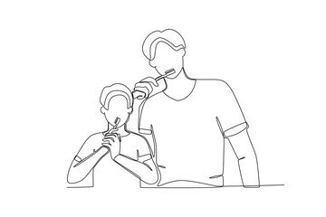 One single line drawing of Father teaching child to brush teeth,parenting vector illustration. Happy family playing together concept. Modern continuous line draw design
