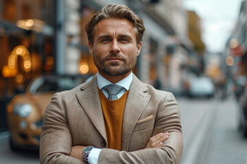 Fototapeta premium elegant man in a suit with an luxury car in the background