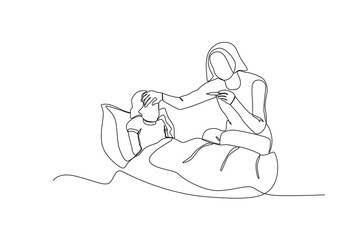 Fototapeta na wymiar One single line drawing of Mother measuring her child_s heat,parenting vector illustration. Happy family playing together concept. Modern continuous line draw design 