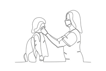 One single line drawing of Mothers who put masks on children when they want to leave the house,parenting vector illustration. Happy family playing together concept. Modern continuous line draw design
