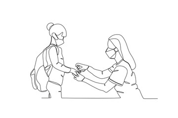 One single line drawing of Mothers who use hand sanitizer on their children when they want to leave the house,parenting vector illustration. Happy family playing together concept. Modern continuous li