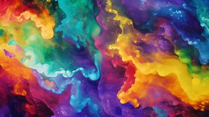 Abstract Rainbow Swirls Fluid Acrylics Vibrant Illustration Ink Watercolor Painting Texture Background in All Colors of the Spectrum
